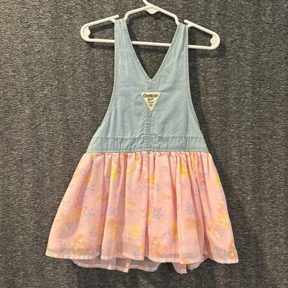 Oshkosh, toddler, girl pink and blue denim overall dress chiffon skirt floral 3T